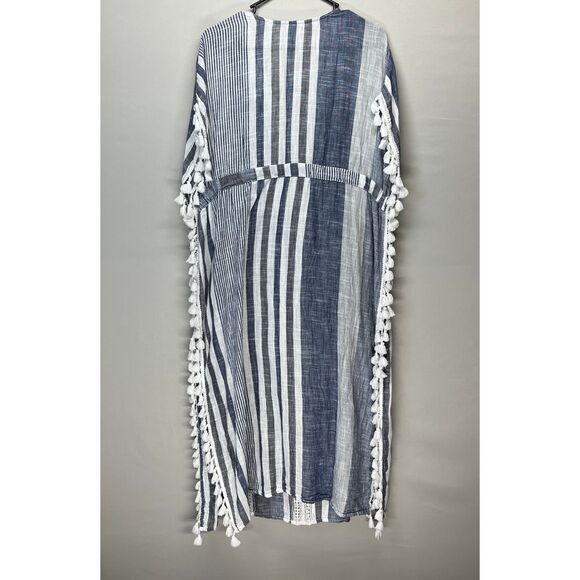 Blue Island Striped Crochet Trim Tassel Caftan Swim Cover Up Dress Coastal Large - Picture 9 of 12